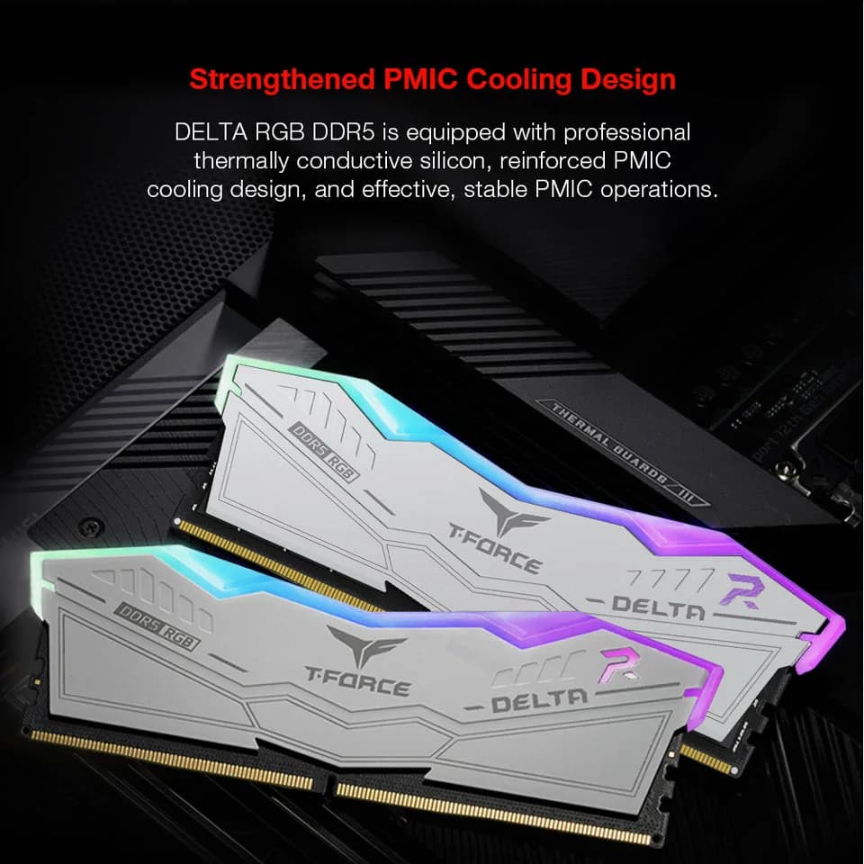 خرید آنلاین رم کامپیوتر DDR5 تیم گروپ 6000 مگاهرتز مدل T-Force DELTA RGB CL38 ظرفیت 16 گیگابایت کیت 2 عددی سفید