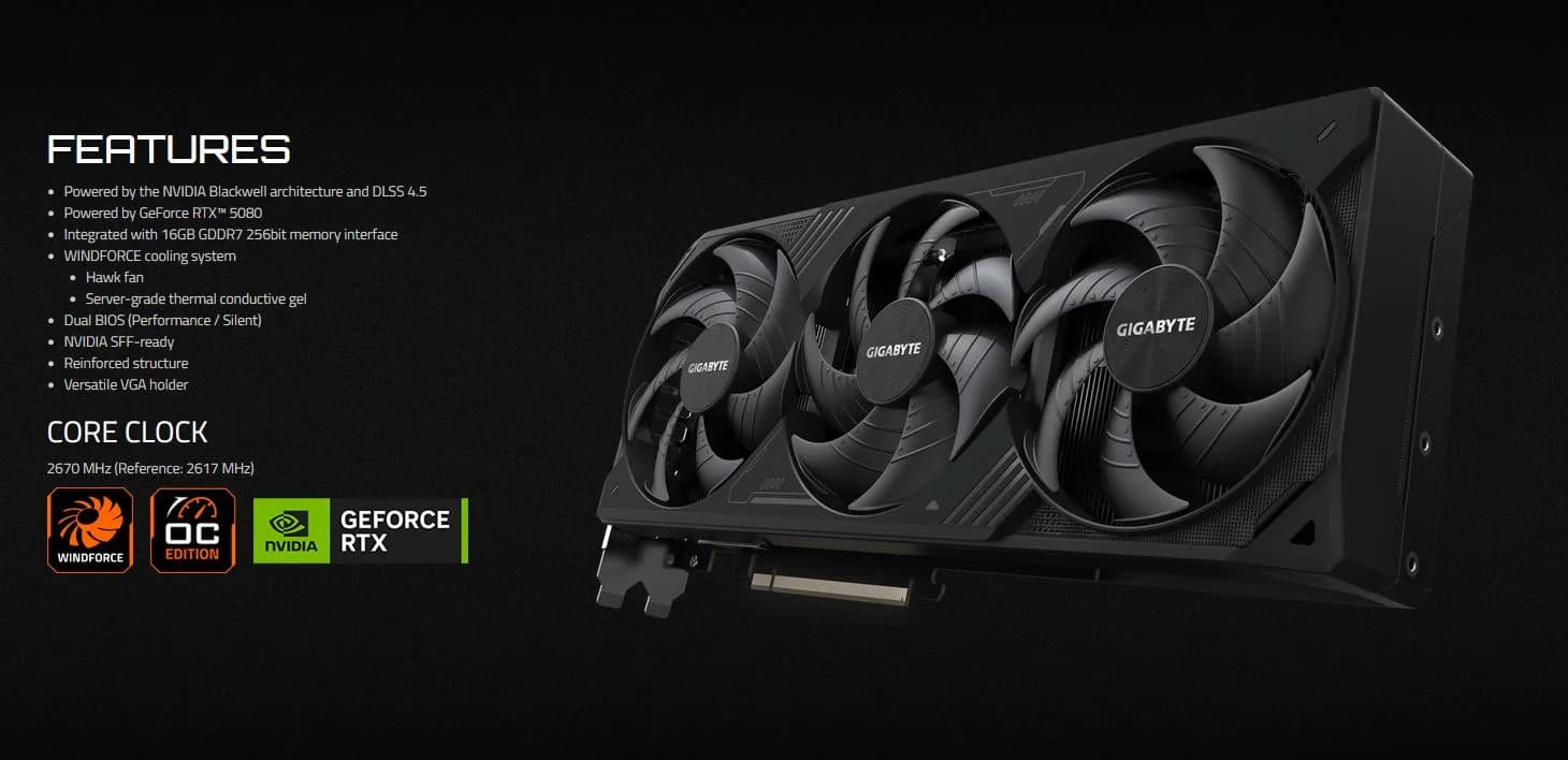 قیمت آنلاین کارت گرافیک گیگابایت مدل RTX 5080 WF3 OC 16GB